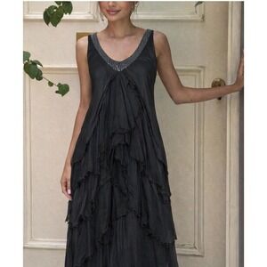 Italy Silk Black Tiered Raw Edge Sequin V-Neck Dress Gothic Avant-Garde